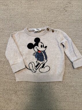 GAP x Disney oatmeal Knit Mickey Mouse Sweater with Blue Jacket Accent